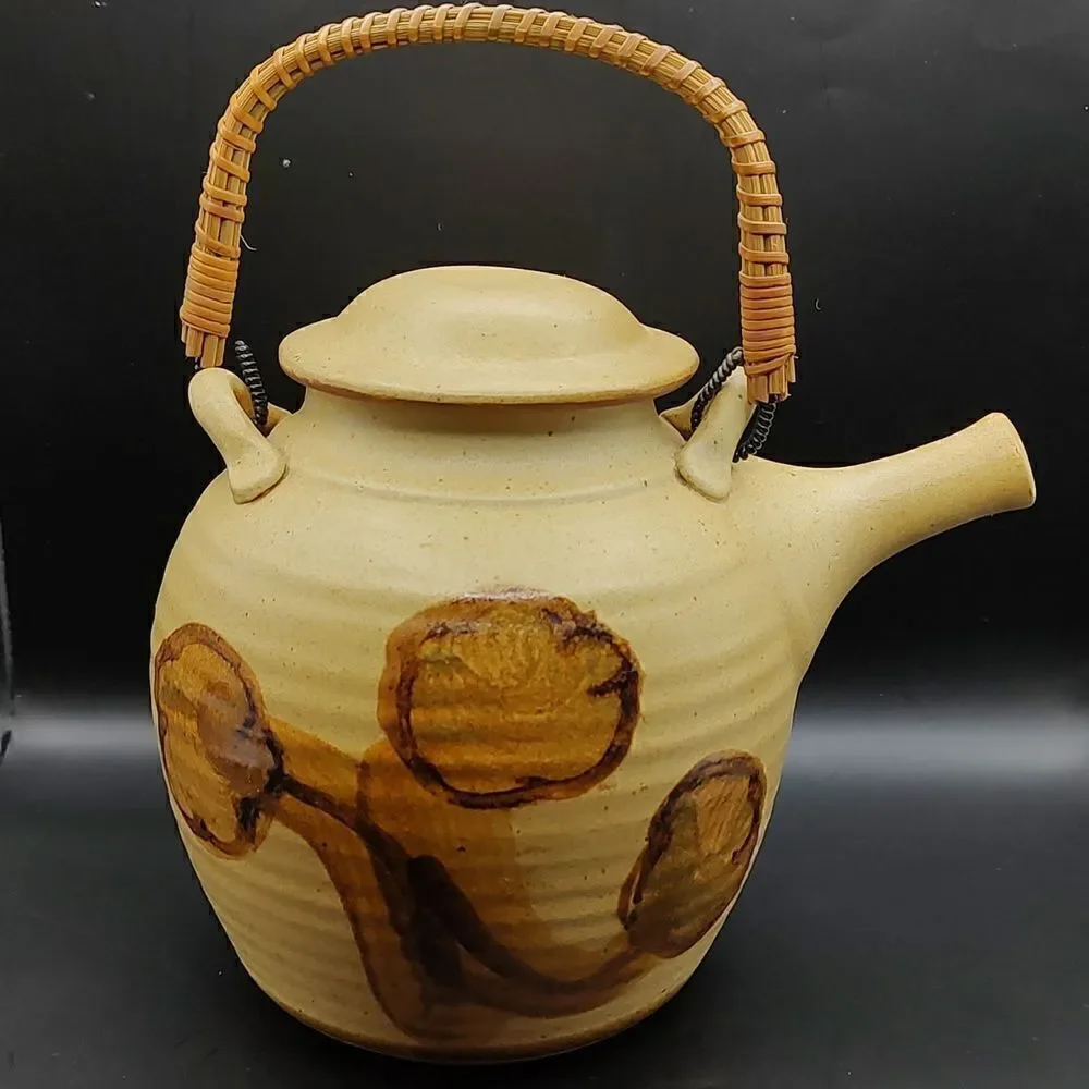 Vintage MCM California Art Pottery Teapot with a Woven Wicker Handle